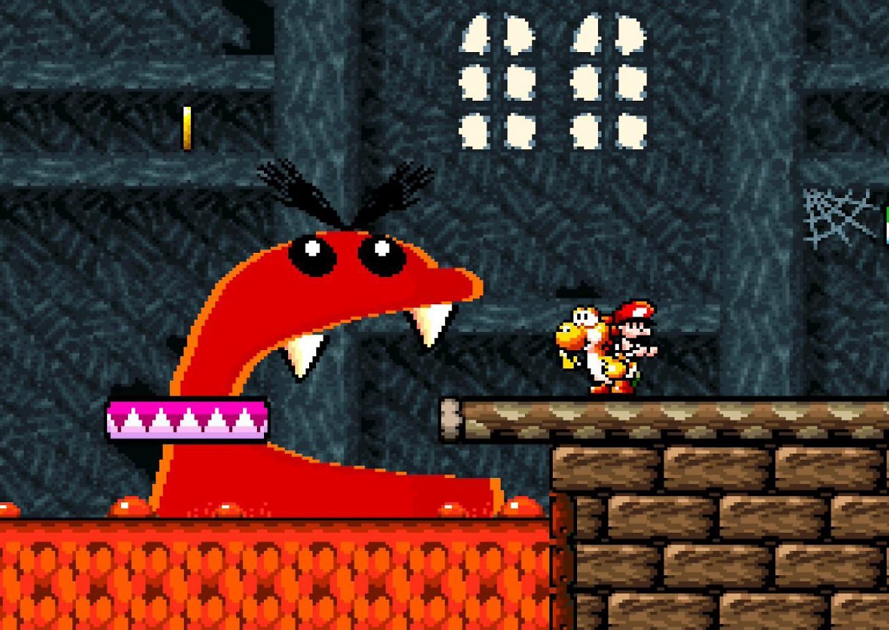 [04/05/2026] Ein Feuer-Blargg versperrt Yoshi den Weg. Zum Glück reicht ein Ei, um den Gegner kurzzeitig außer Gefecht zu setzen.