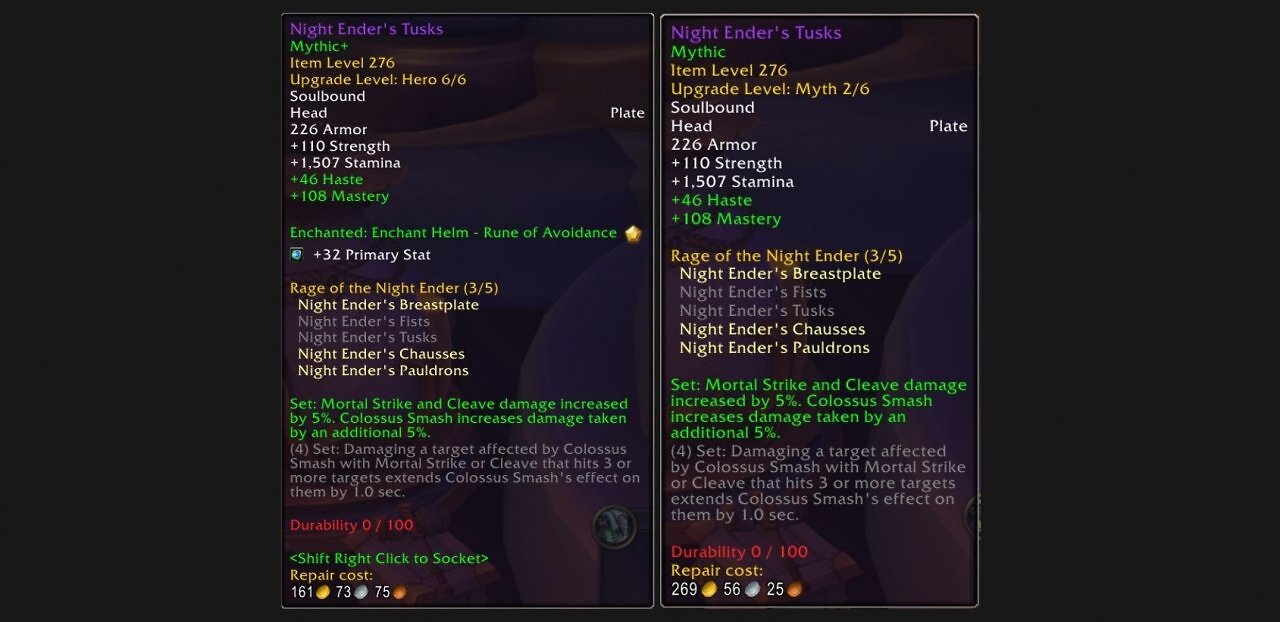 [21/05/2026] Reparaturkosten in WoW: Midnight im Vergleich. Dasselbe Itemlevel, aber mehr Kosten. Mythos-Items kosten deutlich mehr in der Reparatur.