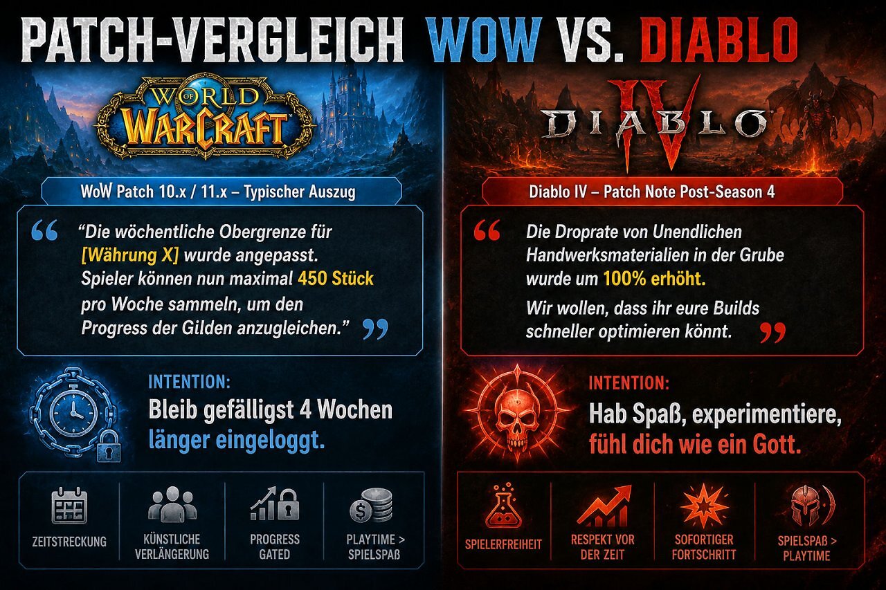 PC Games Vergleichsgrafik der Patch Notes von World of Warcraft und Diablo 4. Links die restriktive WoW-Philosophie mit Time-Gating, rechts die belohnende Diablo-IV-Philosophie