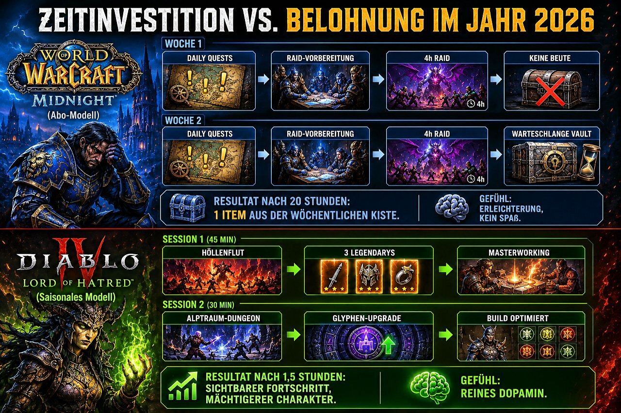 PC Games Infografik zum Vergleich der Zeiteffizienz im Jahr 2026. Oben der frustrierende 20-Stunden-Wochenablauf von WoW Midnight, unten der hocheffiziente 1,5-Stunden-Dopamin-Loop von Diablo 4 Lord of Hatred.