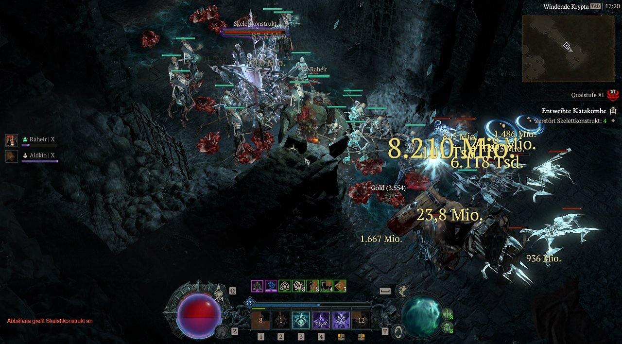Diablo 4 Totenbeschwörer Frost-Lich Build Action-Screenshot auf Qualstufe XI mit riesigen gelben Schadenszahlen von über 8,2 Milliarden (8.210 Mio.) Schaden in der Entweihten Katakombe.