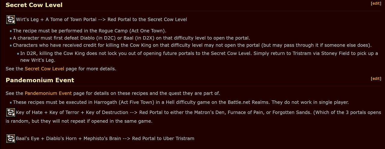 Screenshot der Website diablo2.diablowiki.net mit englischen Anleitungen für den Horadrimwürfel. Die Textzeilen beschreiben die Kombination von Wirrets Bein und einem Buch des Stadtportals für das Secret Cow Level sowie die Schlüssel für das Über-Tristram Pandämonium Event.