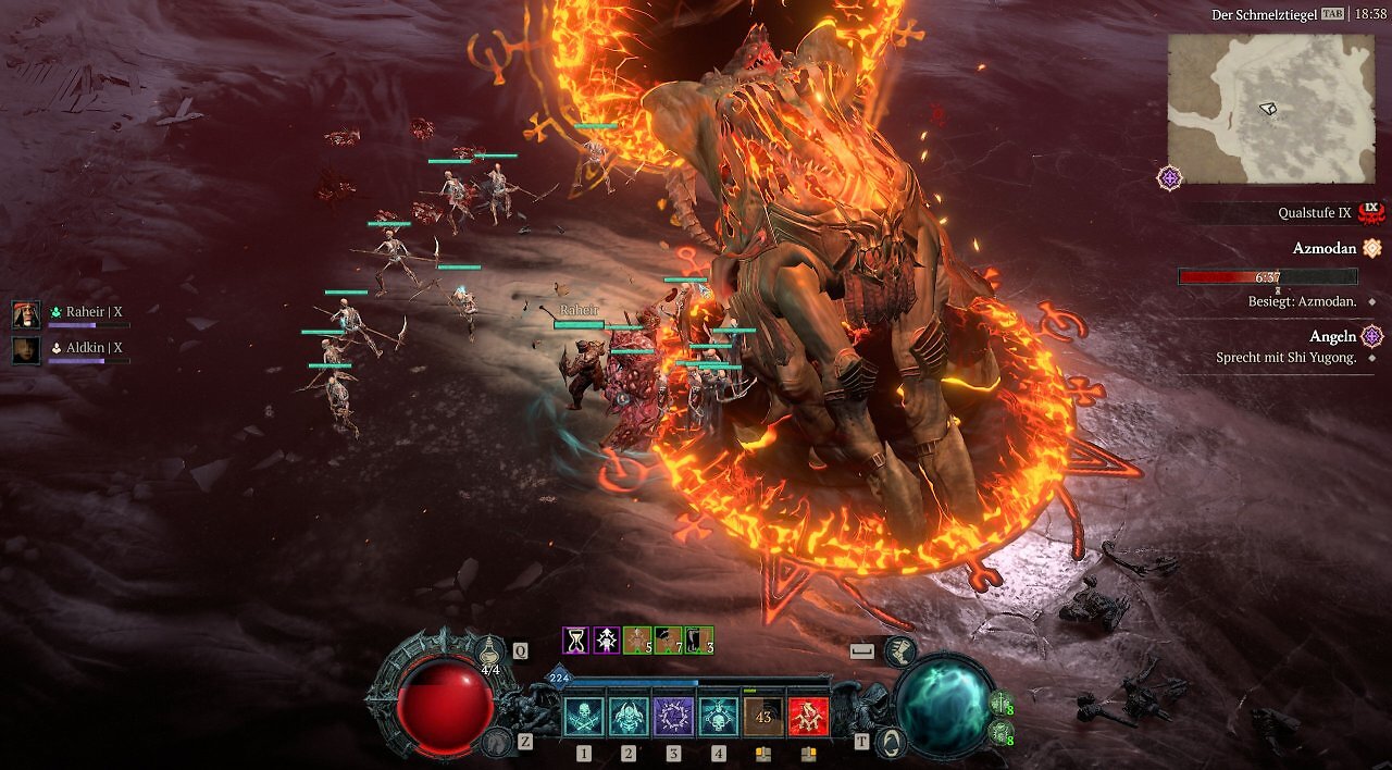 Endgame-Bosskampf in Diablo 4 Lord of Hatred auf Qualstufe IX. Ein Totenbeschwörer (Necromancer) und seine Skelett-Diener besiegen den Weltboss Azmodan im Schmelztiegel im Solo-Run.