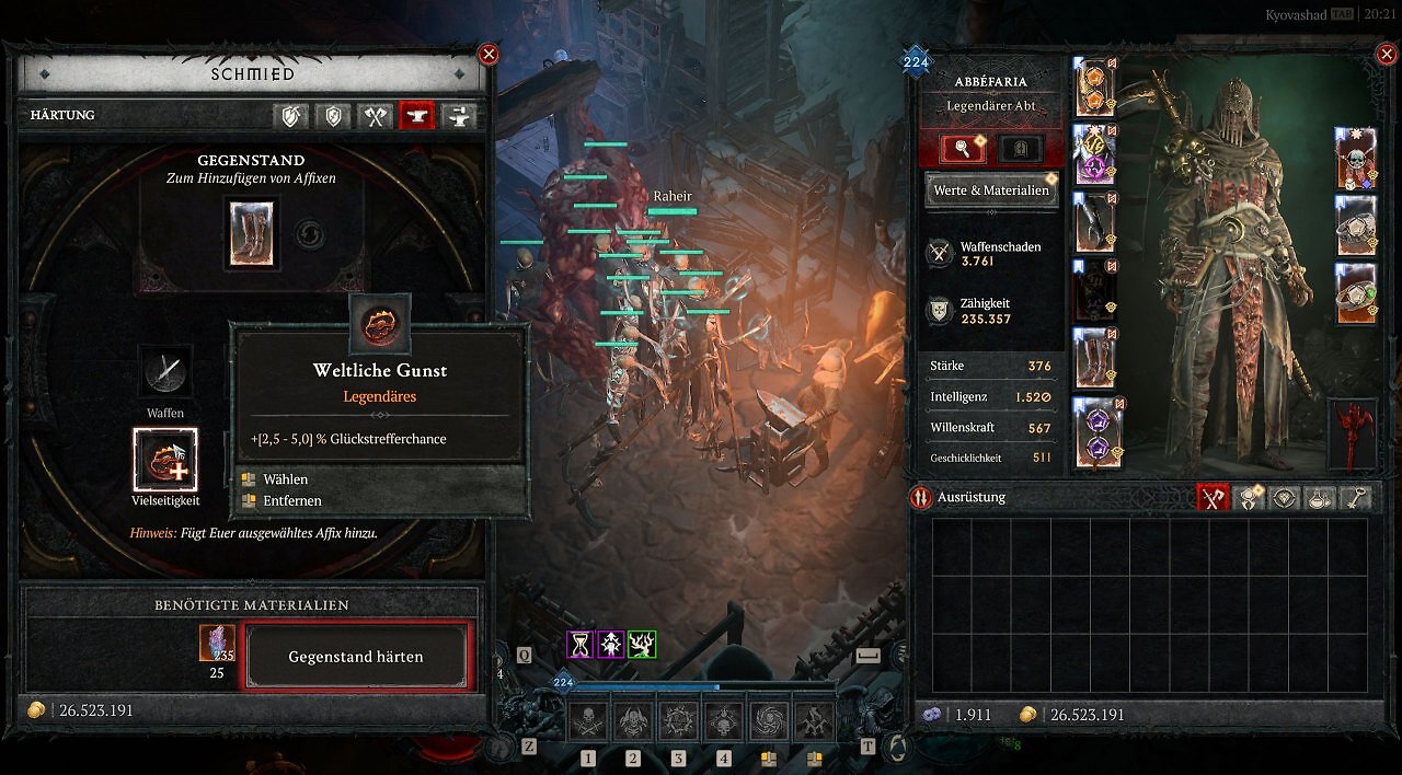 Gameplay-Screenshot aus Diablo 4 beim Schmied in Kyovashad. Das linke Menü zeigt das Interface für das Härten eines Gegenstands mit dem legendären Rezept "Weltliche Gunst", während rechts der Charakter-Ausrüstungsbildschirm geöffnet ist.