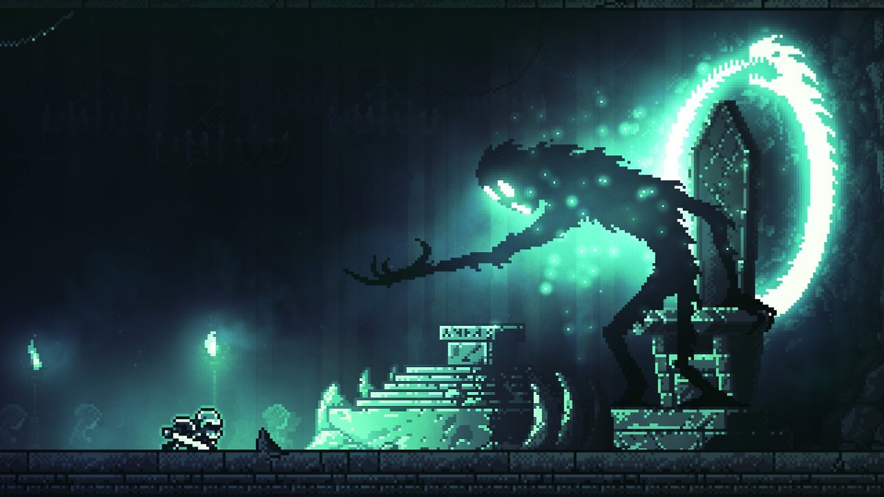 Ein heller Ritter bekämpft mit seinem Schwert ein riesiges schwarzes Monster, das sich gerade von seinem Thron erhebt.