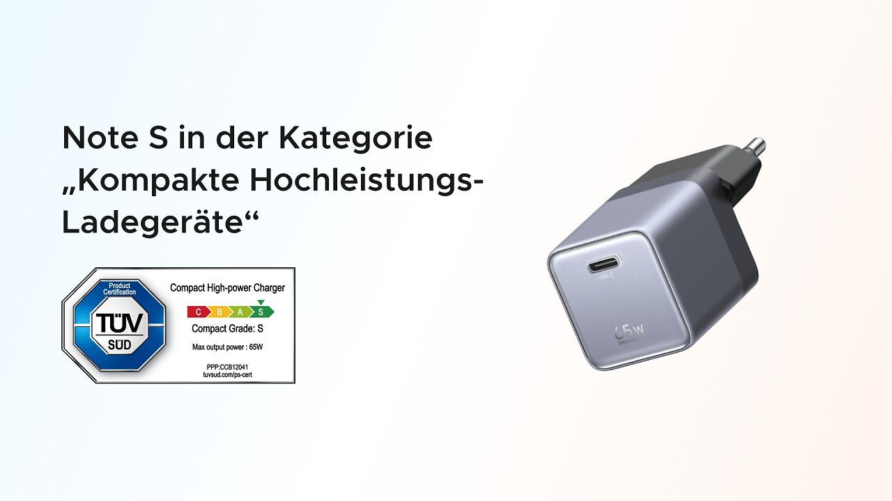 [12/06/2026] Die Nexode Air Charger 65W ist zertifiziert vom TÜV SÜD.