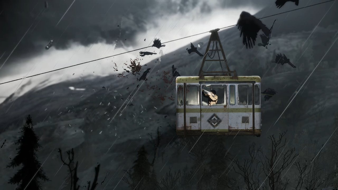 Walker befindet sich in einer fahrenden Seilbahn. Er schießt mit einer Waffe auf schwarze Vögel, die die Gondel angreifen.