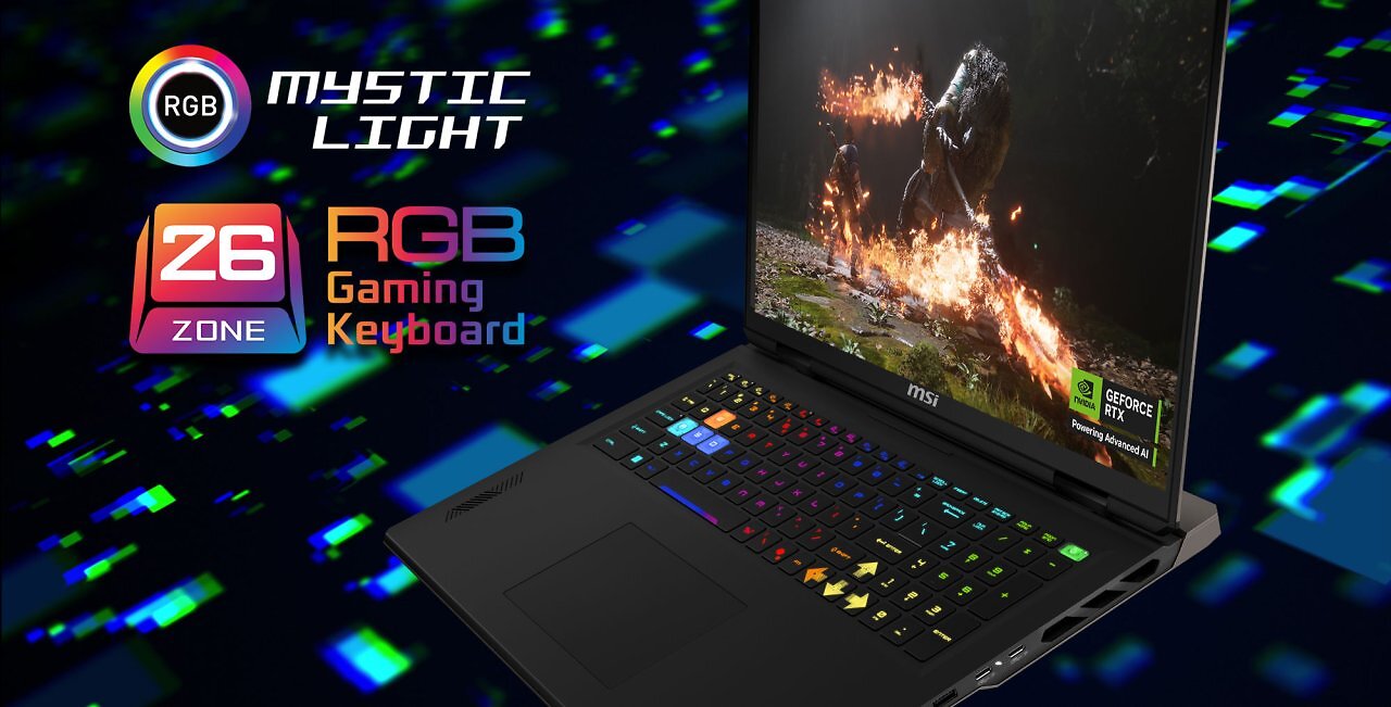 Die Vector-Laptops verfügen über eine Gaming-Tastatur mit 24-Zonen-RGB-Beleuchtung (Mystic Light).