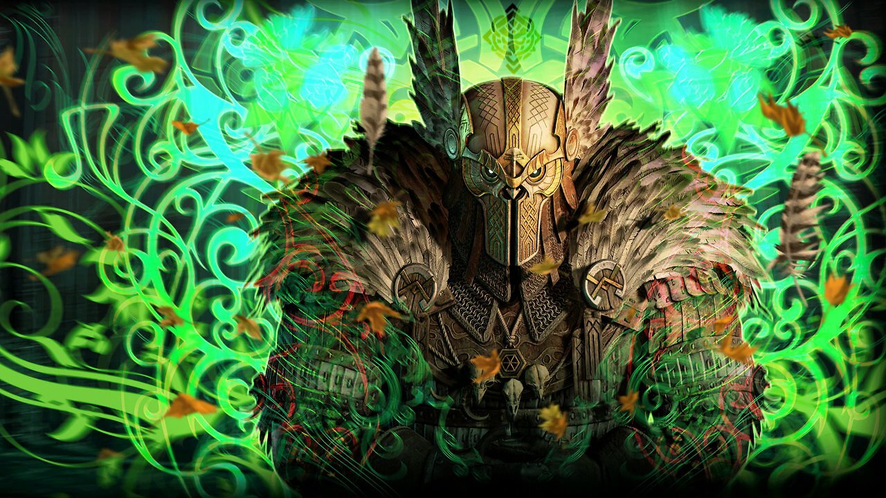 Ein detailreiches, episches Porträt eines Diablo 4 Druiden im "Ursa Noctua"-Rüstungsset. Der Charakter trägt einen kunstvoll verzierten, goldenen Eulenhelm mit metallischen Flügeln und großen Augen. Seine massiven Schultern sind mit dichten Vogelfedern, Pelz und Kettenhemdelementen bedeckt. Um den Charakter herum wirbeln herbstliche Blätter, herabfallende Federn und eine leuchtend hellgrüne, magische Aura aus verschlungenen, neonfarbenen Linien und Flügel-Symbolen vor einem dunklen Hintergrund.