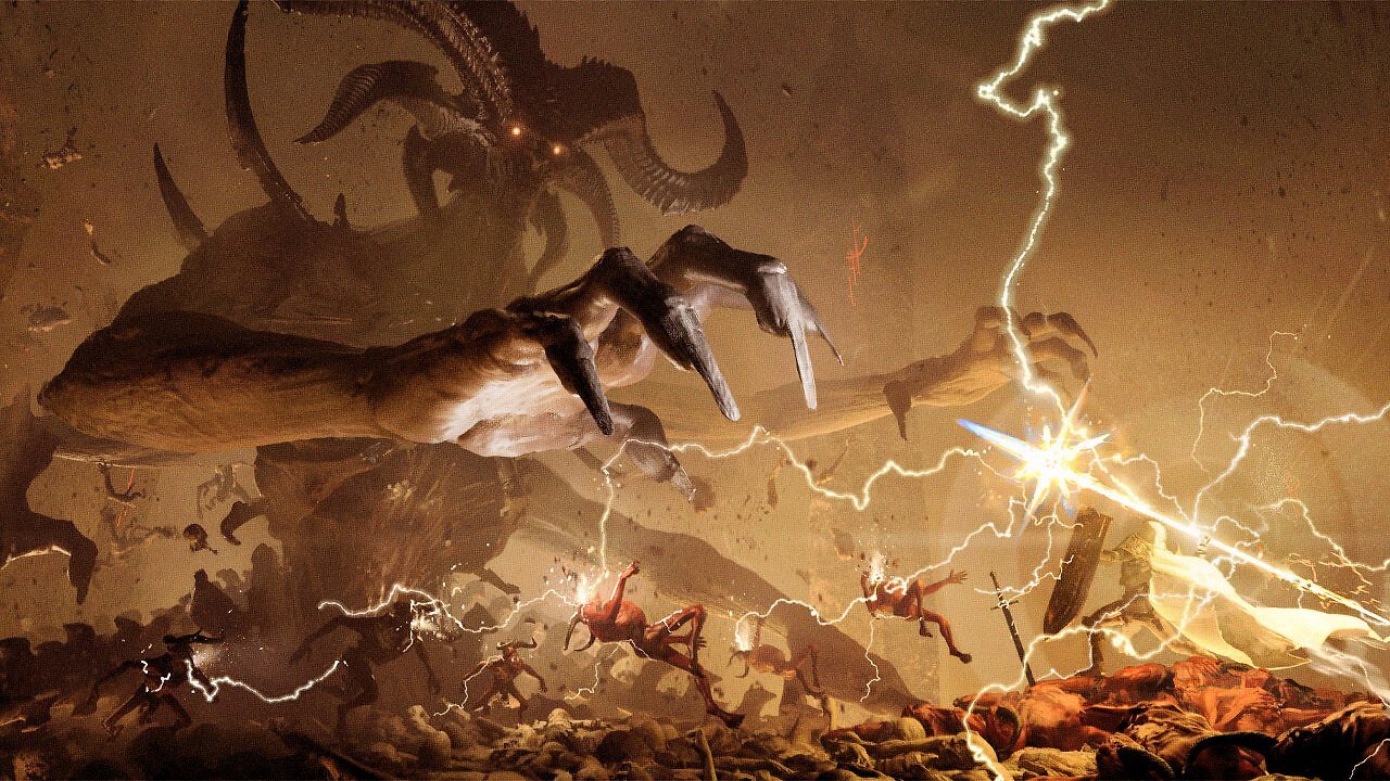 Ein monumentales, düsteres Artwork aus Diablo 4 . Eine riesige, dämonische Kreatur mit gewaltigen Hörnern und leuchtenden Augen - Mephisto - streckt seine knöcherne, riesige Hand nach einer Gruppe von Kämpfern aus. Ein strahlender Blitz schlägt im Vordergrund ein, wo ein Paladin mit Schild und Schwert inmitten von gefallenem Dämonenbrut-Kreaturen gegen die Finsternis ankämpft.