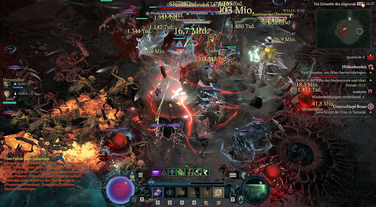 Ein actiongeladener Ingame-Screenshot aus Diablo 4: Lord of Hatred während der Höllenhorden-Aktivität auf der Schwierigkeitsstufe Qualstufe X. Die Arena ist voller Dämonen, Skelette und Effekte. Auf dem Bildschirm explodieren gigantische Schadenszahlen im Millionen- und Milliardenbereich, darunter ein fetter gelber Crit-Wert von "16,7 Mrd.". Das Interface am rechten Rand zeigt Welle 3 von 10, die aktive Aufgabe "Tötet Monster, um Äther hervorzubringen" und die Quest "Unterschlupf-Bosse".