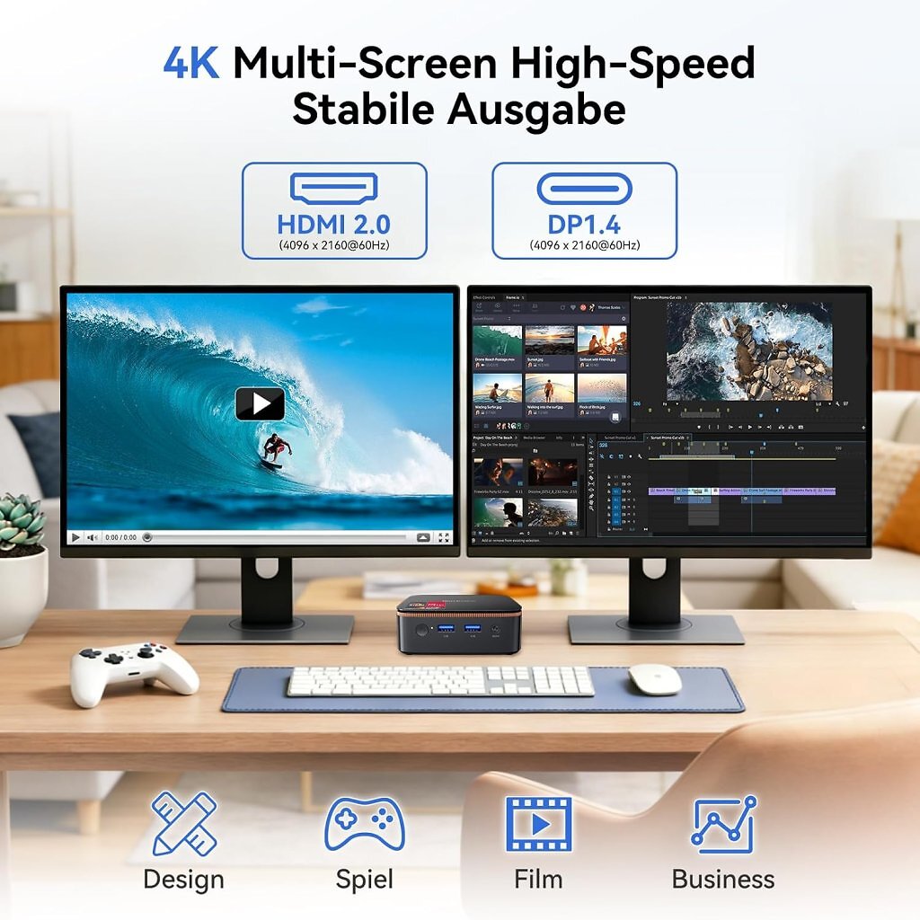 [14/07/2026] Über HDMI und DP1.4 lassen sich problemlos zwei Monitor an den MP20 Mini-PC anschließen.