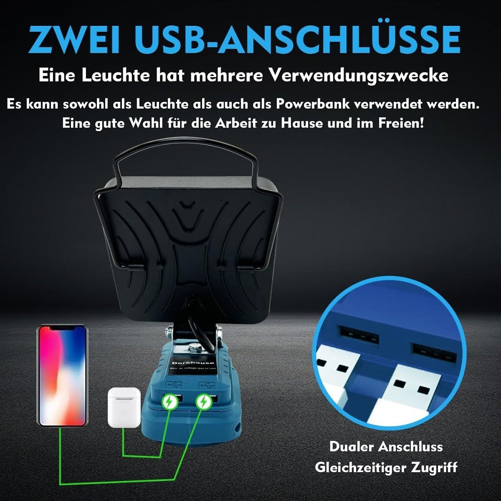 [13/07/2026] Die Arbeitsleuchte kann auch als Powerbank genutzt werden. Über die beiden USB-Anschlüsse lassen sich Smartphone, Kopfhörer und Co. laden.