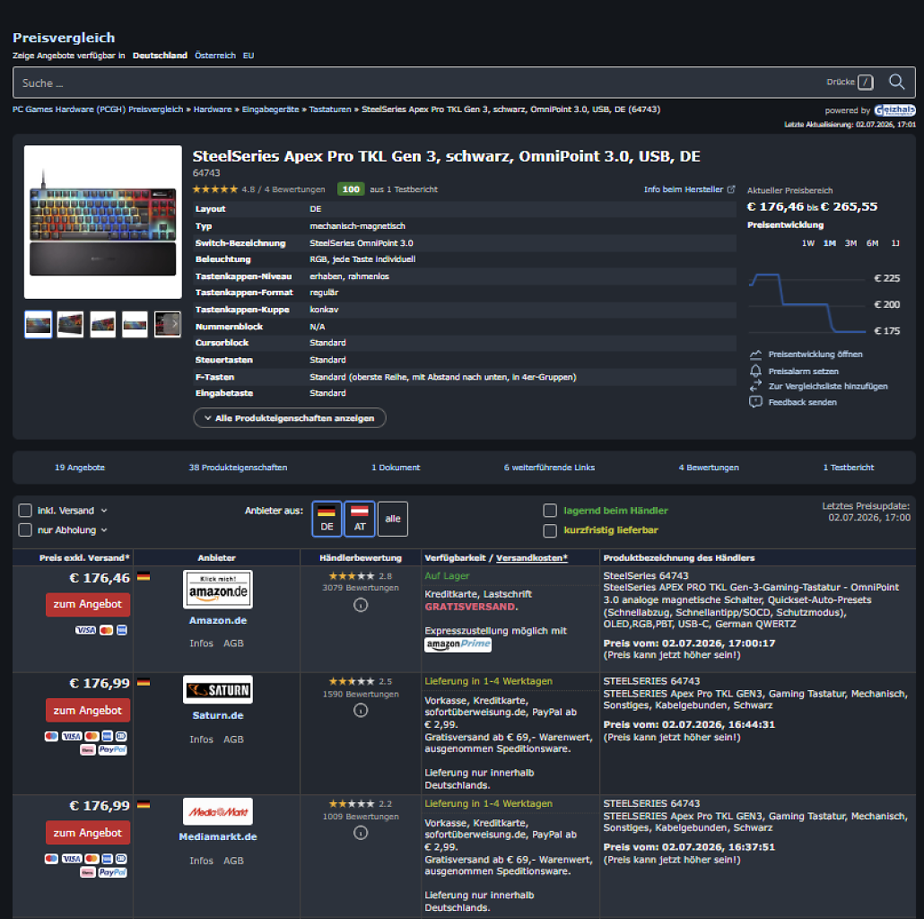 [02/07/2026] PCGH-Preisvergleich zur Steelseries Apex Pro TKL Gen3 (Stand: 02.07.2026)