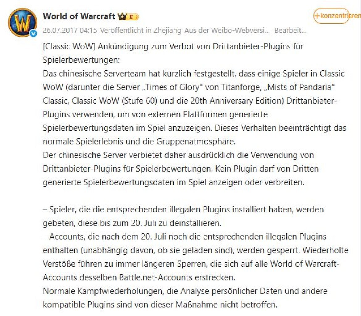 [17/07/2026] Die Betreiber von WoW in China nehme drastische Maßnahmen gegen Spieler vor, die nach dem 20. Juli 2026 weiterhin Addons zur Bewertung von Spieler nutzen.