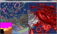 Ein Beispiel für Umbras Occlusion-Culling-Technik. Rechts seht ihr alle Polygon-Objekte der Umgebung. Der gekennzeichnete Vektor zeigt die Blickrichtung der Kamera, dessen Bild ihr links seht. Links unten eingeblendet ist eine Umgebungsverdeckungs-Map, die mithilfe der Umbra-Technik erzeugt wurde. Sie legt fest, welche Polygon-Objekte gerendert werden müssen, weil sie im Bild zu sehen sind und welche nicht. Letztere werden in der Übersicht rechts rot dargestellt.