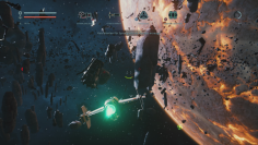 Everspace ist eines der schönsten Weltraumspiele, die uns bis heute begegnet sind. Die Aussicht kann man aus drei Ansichten genießen: Cockpit, ohne Cockpit und Außenansicht, wie hier auf dem Bild.