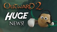 Ein neues RPG soll auf einer Kartoffel spielbar sein? Das sind wirklich "huge news"! Das Bild zeigt Mr. Potato, das Outward-2-Logo und die Worte "HUGE NEWS".