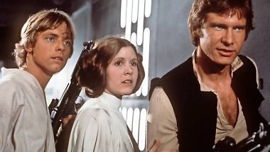 Mark Hamill, Carrie Fisher, Harrison Ford in Krieg der Sterne.
