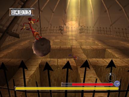 Ein Bösewicht versucht, Rayman mit einer Felskugel in den Abgrund zu schubsen. Solche Kämpfe können mehrere Minuten dauern.