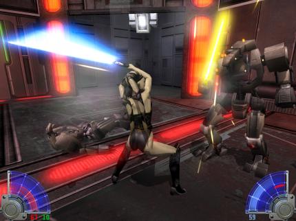 In Darth Vaders Festung treffen wir auf Roboter, die mit einem Laserschwert angreifen.