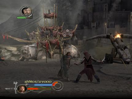 Auf der Flucht aus Osgiliath verteidigt Sam den Ringträger Frodo.