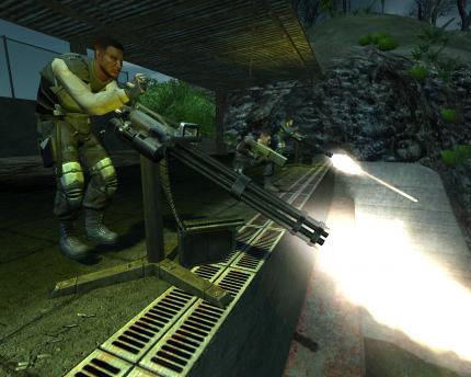 Mit Minigun und Raketenwerfer versuchen Kriegers Soldaten, den Ansturm der Trigens aufzuhalten.