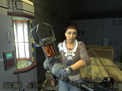 Zwei große Stärken von Half-Life 2 auf einem Bild: die einfühlsame Begleiterin Alyx und die einzigartige Gravity Gun.