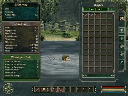 Bug: Wenn Sie schwimmen und das Inventar aufrufen, steht der Held plötzlich im Wasser und läuft durch das kühle Nass. Auch Waffen können nun benutzt werden (siehe nächste Bilder), was das Balancing erheblich beeinflusst.
