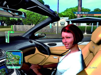 Per Maus sehen Sie sich im Cockpit Ihres Wagens um. Absolvieren Sie eine Model-Mission, sitzt die Dame tatsächlich auf dem Beifahrersitz.