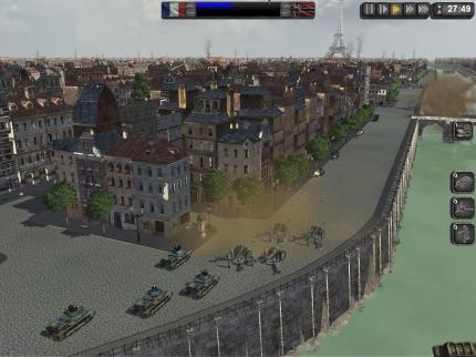 Paris, im Hintergrund der Eiffelturm. Infanteristen dürfen sich in Häusern und Bunkern einnisten. Gebäude zerfallen unter Beschuss.