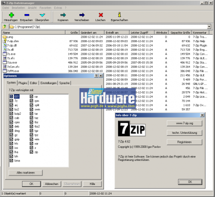 Der Dateimanager von 7-Zip 4.62 samt unterstützter Formate. (Bild: PCGH)