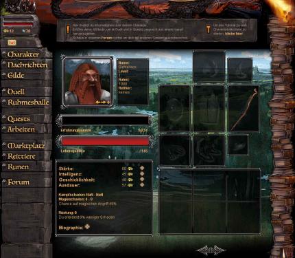Im Charaktermenü von Quests of Gallendor sehen Sie Werte und Ausrüstung.