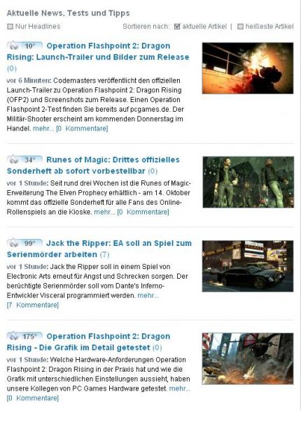Die Standardansicht des Artikel-Tickers: absteigend von neu nach alt sortiert, zusätzlich zur Überschrift werden Einleitungstexte und Bilder ausgegeben.
