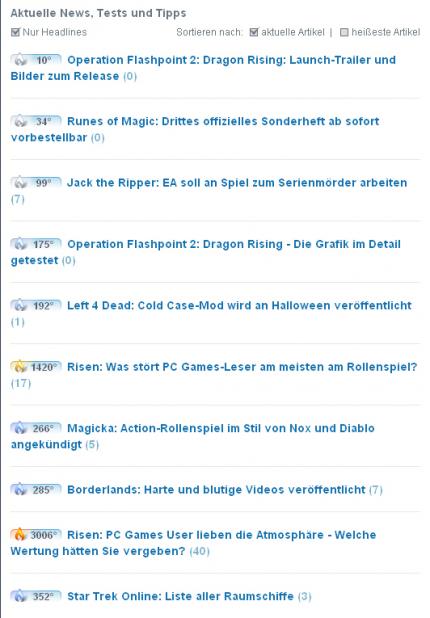 Wählen Sie die Option 'Nur Headlines', erhalten Sie diese komprimierte Ansicht des Artikel-Tickers.