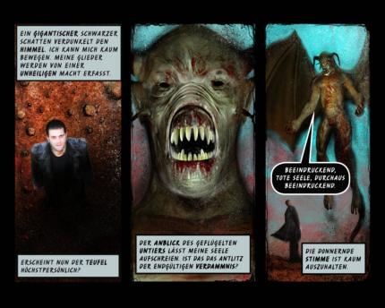 Solche Comicstrips erzählen die Resurrection-Geschichte. An manchen Stellen hört der Spieler aber einfach einen Dialog zwischen der Hauptfigur und Engeln/Dämonen.