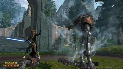 Mithilfe der Macht kann die Jedi-Botschafterin eine ganze Armee von Kampfdroiden außer Gefecht setzen: HD-Screenshots zu Star Wars: The Old Republic.