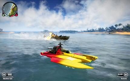Eine der spannenderen Nebenmissionen in Just Cause 2: Mithilfe dieses schicken Flitzers versenken wir eine Bande unerwünschter Schmuggler.