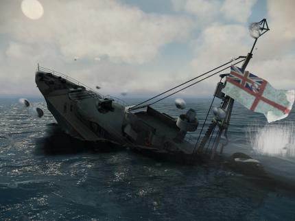 Das Schiff versinkt in steilem Winkel, der Crew am Bug auf Deck ist das völlig wurscht - die steht wie eine Eins. (Dies wurde mit Patch 1.15 gottob behoben!)