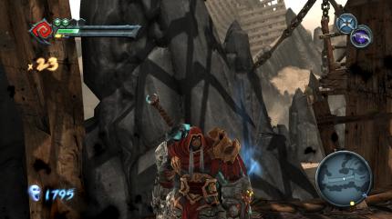 Einöde: In einem Wüstenabschnitt wird die Konsolenherkunft grafisch deutlich - Die Berge im Hintergrund und der Sand am Boden sind grobkörnig und pixelig. Technisch spielt Darksiders leider nur in der zweiten Liga, der Spielspaß stimmt aber weiterhin.