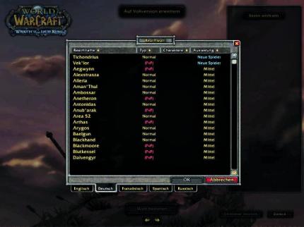 Im Startbildschirm können Sie sich sofort Ihren ersten Charakter erstellen, auf die Vollversion erweitern oder einen anderen Server aus der Realmliste auswählen.