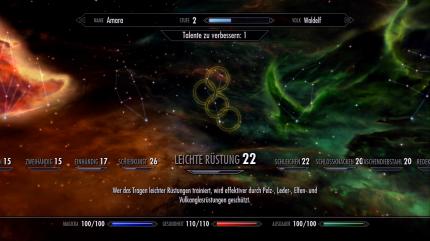 Alle Talente sind in solchen hübschen Sternbildern angeordnet. Hat man genügend Talente durch Benutzung verbessert, steigt man im Charakterlevel auf. - Bild stammt aus der Xbox 360-Version von The Elder Scrolls 5: Skyrim.