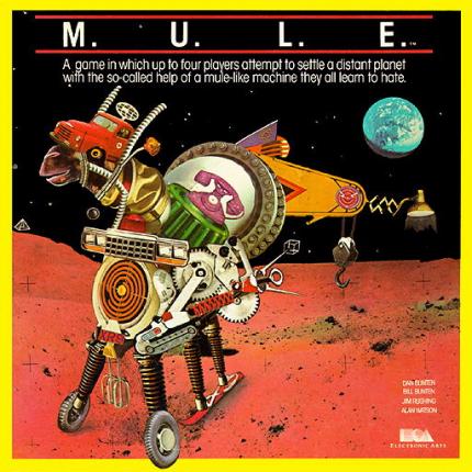 Hier das Cover von M.U.L.E., das eher an ein Album- als an ein Spiele-Cover erinnert. Hawkins Philosophie war es, Entwickler als Rockstars zu präsentieren. Dementsprechend waren Teil des Teams auch auf dem Cover selbst vertreten (unten rechts).