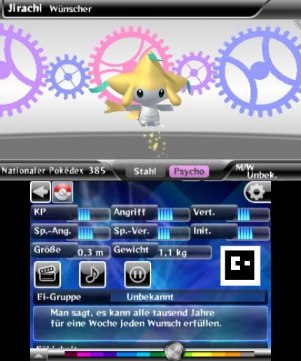 Der Eintrag des Legendären Pokémon Jirachi. Auf dem unteren Bildschirm findet ihr jede Menge Infos, oben könnt ihr es - natürlich in 3D - betrachten.
