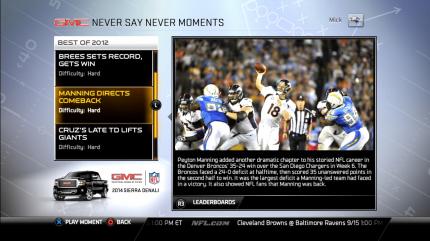 In den bereits aus dem Vorgänger bekannten 'Never Say Never Moments' durchlebt ihr an die Realität angelehnte NFL-Ereignisse - spannend vor allem für Fans. (PS3)