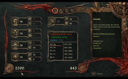 Demonicon im Test: Abenteuer- und Gabenpunkte gibt es mehr als reichlich, sodass am Ende keine Spezialisierung der Figur nötig ist.