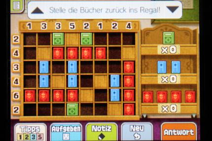 Professor Layton und das Vermächtnis von Aslant: Um Rätsel 032: In bester Ordnung zu vollenden, müsst ihr die Bücher wie auf der gezeigten Grafik anordnen.