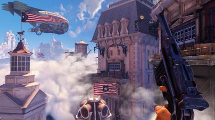 Erstaunen: Booker DeWitt staunt nicht schlecht, als er die Wolkenstadt zum ersten Mal erblickt. (Bioshock Infinite) PC-Screenshot
