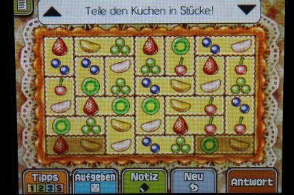 Professor Layton und das Vermächtnis von Aslant: Um Rätsel 105: Obstkuchenstücke abzuschließen, müsst ihr den Kuchen wie gezeigt einteilen.