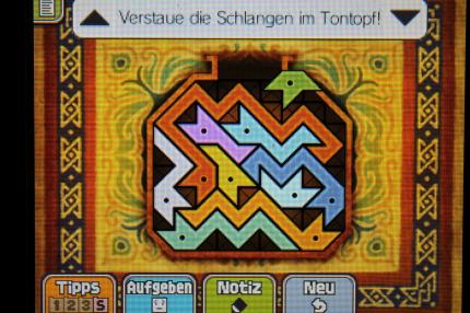 Professor Layton und das Vermächtnis von Aslant: Im Bild könnt ihr sehen, wie ihr die Schlangen für Rätsel 079: Schlangentopf platzieren müsst.